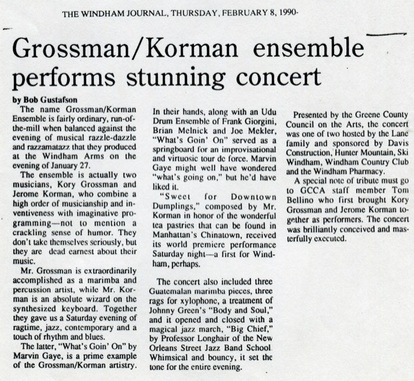 Windham Journal - Grossman Korman ensemble performs stunning concert 1990